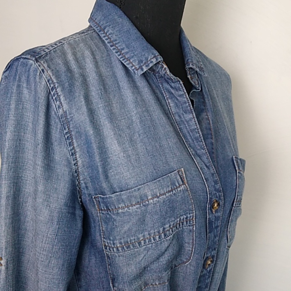 Anthropologie Womens Cloth & Stone Chambray Button Down Dress lLS belted size XS - Picture 12 of 15